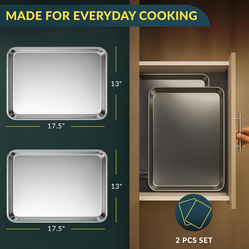 Baker’s Signature Stainless Steel Cookie Sheet Pan, Stainless Steel Baking Sheet Set of 2, Mirror Finish, Non-Stick, Rust Resistant, BPA Free, Dishwasher Safe, 17.5 x 13 Inch