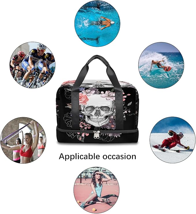 Skull Travel Duffel Bag, Floral Skull Weekender Overnight Bag Large Carry On Bag, Waterproof Sports Gym Bag Tote Workout Duffel Bag for Men Women