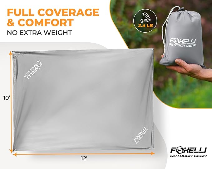Foxelli Camping Tarp - 12x10ft Waterproof Rain Tarp, Lightweight Backpacking Rainfly Shelter with Included Extra Long Guy Lines & Stakes