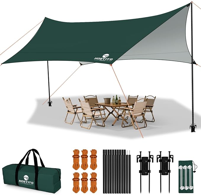 Camping Tarp with Poles & Retainer,15x12.5FT Large Waterproof 210D Oxford Cloth Camping Canopy, Anti-UV UPF100+ Tent Tarp Car Awning for Outdoor, Picnic, Hammock, Car, Backpacking(Green)