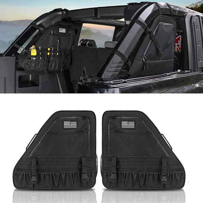 2Pcs Rear Roll Bar Storage Bags Car Trunk Cargo Cage Organizer Multi-Pockets Handbags Organizers Cargo Bag Saddlebag Kit Accessories for Ford Bronco Offroad 2/4 Door 2021-2024 (BLACK)