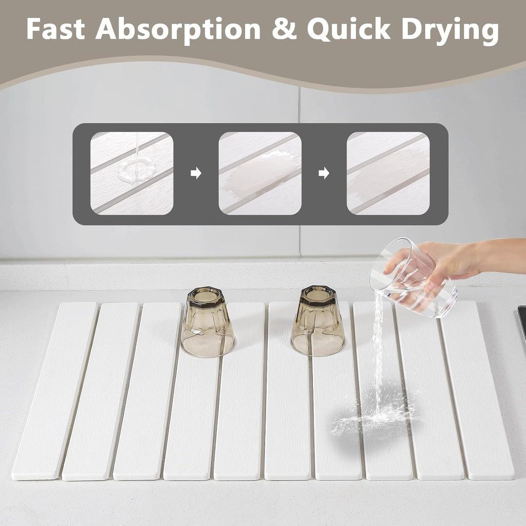 Large Stone Drying Mat for Kitchen Counter, 24''L x 16''W Diatomaceous Earth Collapsible Dish Drying Mat, Quick Drying Mat for Dishes, Bottles and Cups, Matches Any Countertop (White)