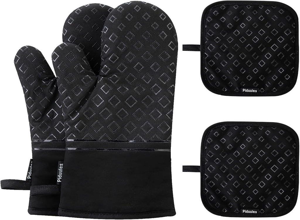 Set of 4 Oven Mitts and Pot Holders, 482 F Heat Resistant Hot Plate Moving Non-Slip Gloves for BBQ, Grill, Baking, Cooking, Oven, Microwave (Black)
