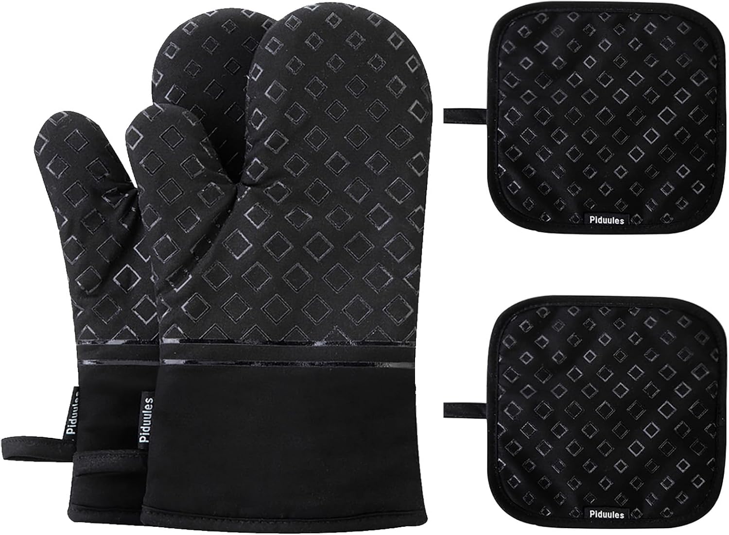 Set of 4 Oven Mitts and Pot Holders, 482 F Heat Resistant Hot Plate Moving Non-Slip Gloves for BBQ, Grill, Baking, Cooking, Oven, Microwave (Black)