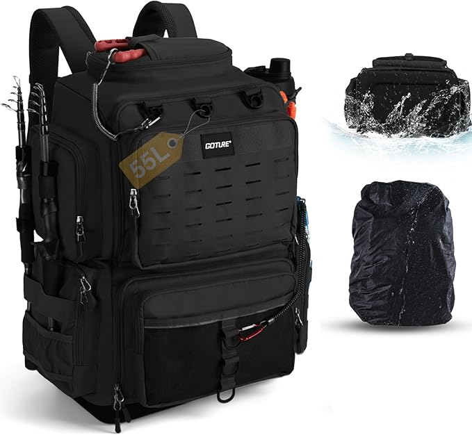 Goture IPX EVA Bottom Fishing Tackle Bag with Rod Holder, Waterproof 600D Fishing Backpack with 8 Lure Pockets & Rain Cover