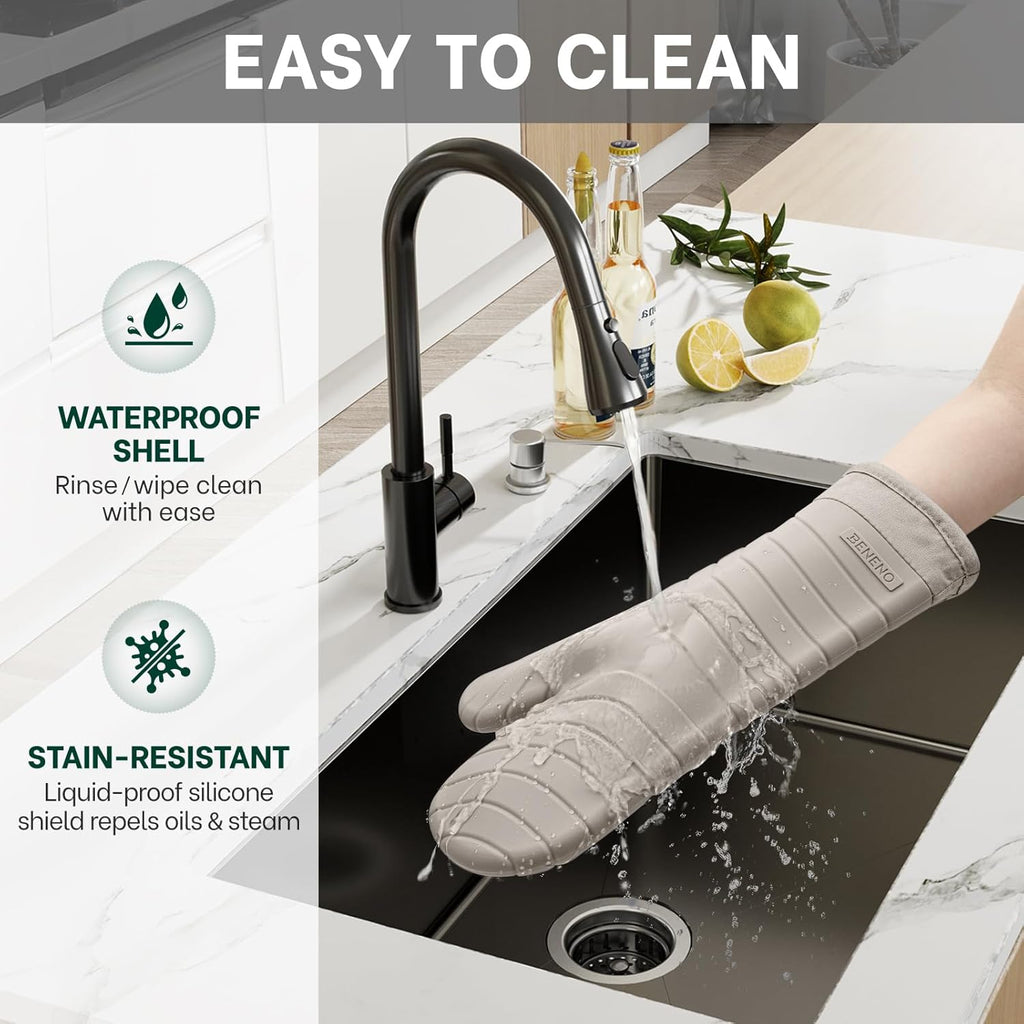 Beneno Oven Mitts, Heat Resistant BPA-Free Soft Silicone Oven Mitts 2-Pack, Waterproof Non-Slip Flexible Oven Gloves with Comfort Cotton Lining, Durable Kitchen Mitt Set for Baking Grill, 7"x13" Beige