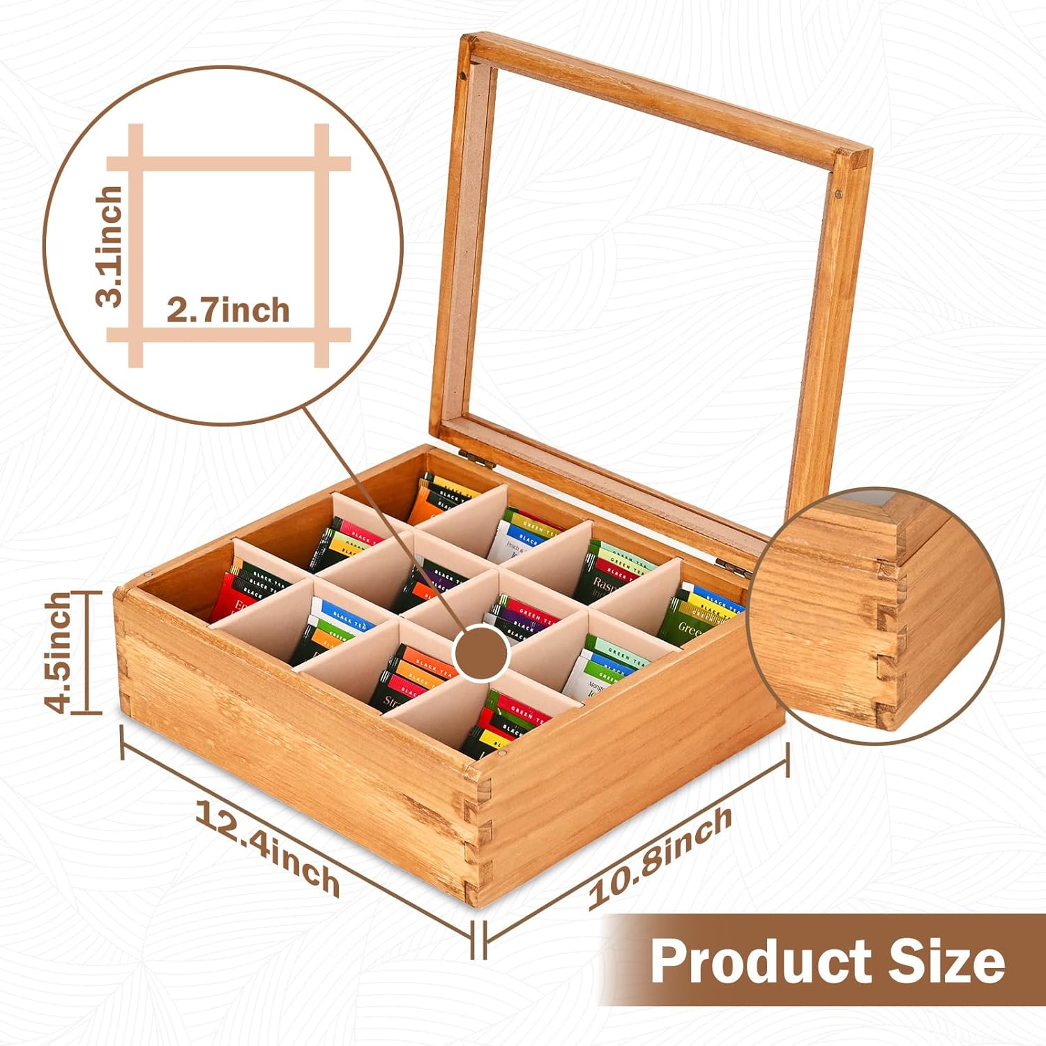 Wood Tea Box Organizer 12 Compartment Multi-Functional Storage Box with Clear Acrylic Window,Tea Bag Holder for Cabinet.