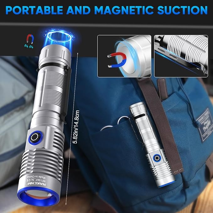 NAKCNM Rechargeable Flashlights High Lumens, 2 Pack 25000 Lumens 4 Modes, Small Magnetic Flashlight Pocket with Clip & Diffuser, Handheld Flashlight Lantern for Camping(Black&Silver)