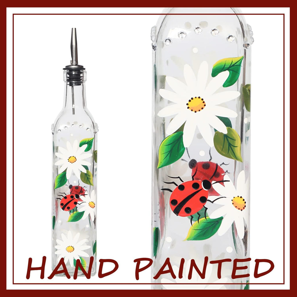17oz Hand Painted Glass Olive Oil Bottle - 500ml Green Oil & Vinegar Cruet with Pourers - Olive Oil Carafe Decanter for Kitchen (Daisy)