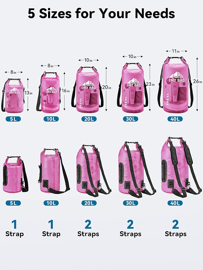 HEETA Dry Bag Waterproof for Women Men, 5L/10L/20L/30L/40L Roll Top Lightweight Dry Storage Bag Backpack with Phone Case for Travel, Swimming, Boating, Kayaking, Camping & Beach, 11 Transparent Colors