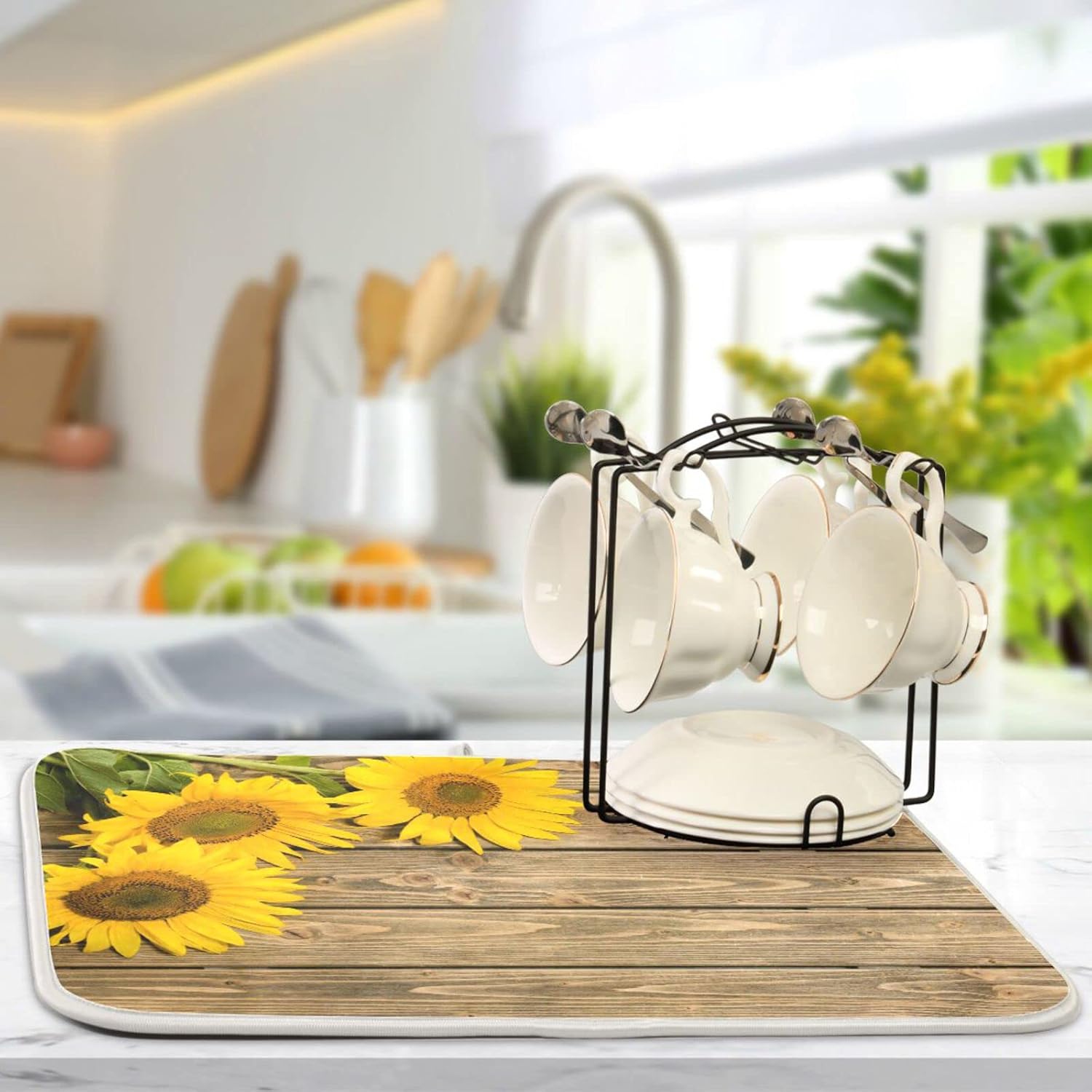 Super Absorbent Dish Drying Mat, Microfiber Fast-Drying Dish Mat, 16" x 18", Kitchen Dish Drying Pad, Sunflowers On The Wooden