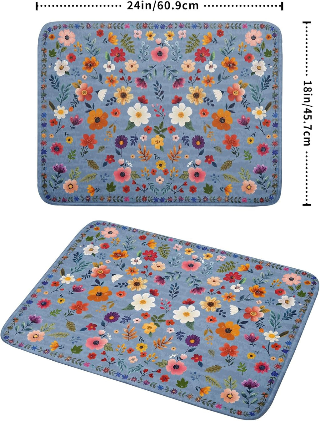 Colorful Flower Dish Drying Mat - Blue Large Floral Coffee Mat for Kitchen Counter Decor 18 X 24