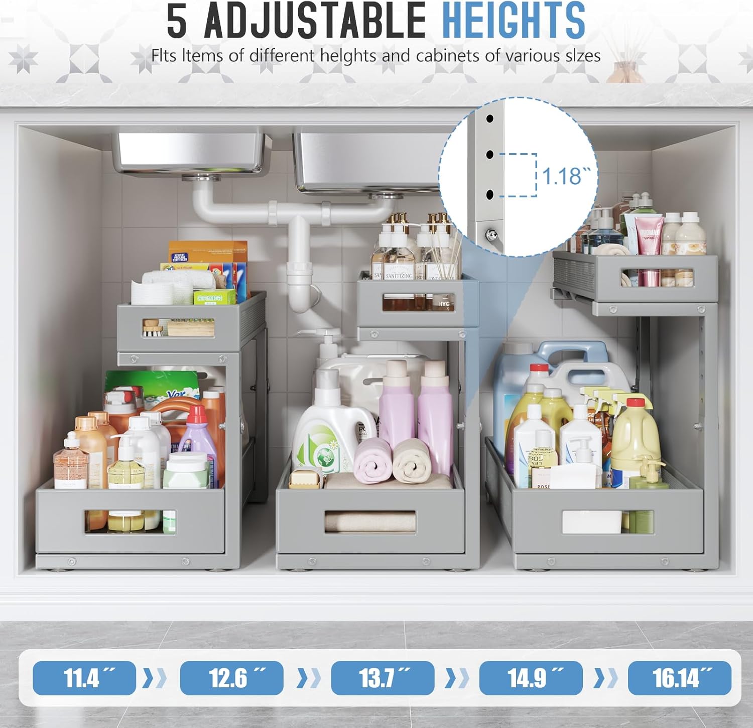 1 Pack 19IN Depth Under Sink Storage Organizer, Large 2-Tier Elegant Mesh Pull Out Shelf for Kitchen and Bathroom Cabinet Organization, L-Shaped and Adjustable Height Design-Gun Gray