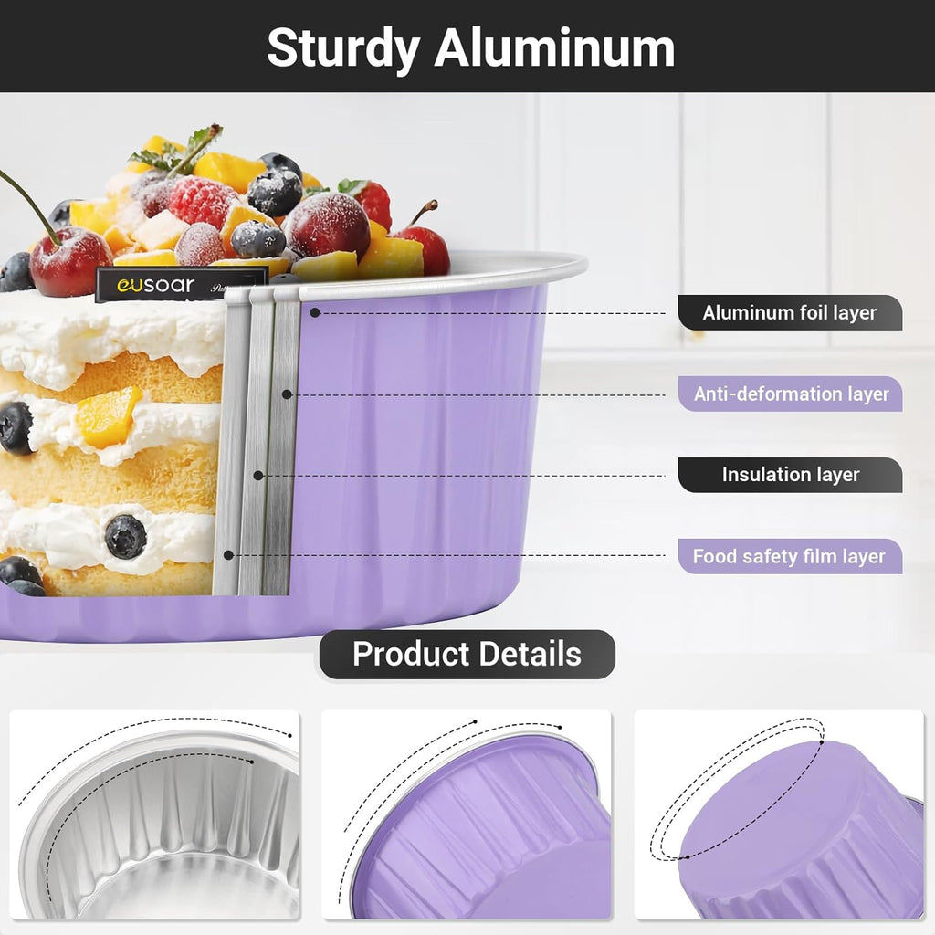 EUSOAR Disposable Ramekins, 60pcs 5oz Aluminum Cupcake Baking Cups Reusable, Mini Muffin Cups Cupcake Liners with Lids, Creme Brulee Containers Mold Tin, for Party Family Gathering Shower Catering