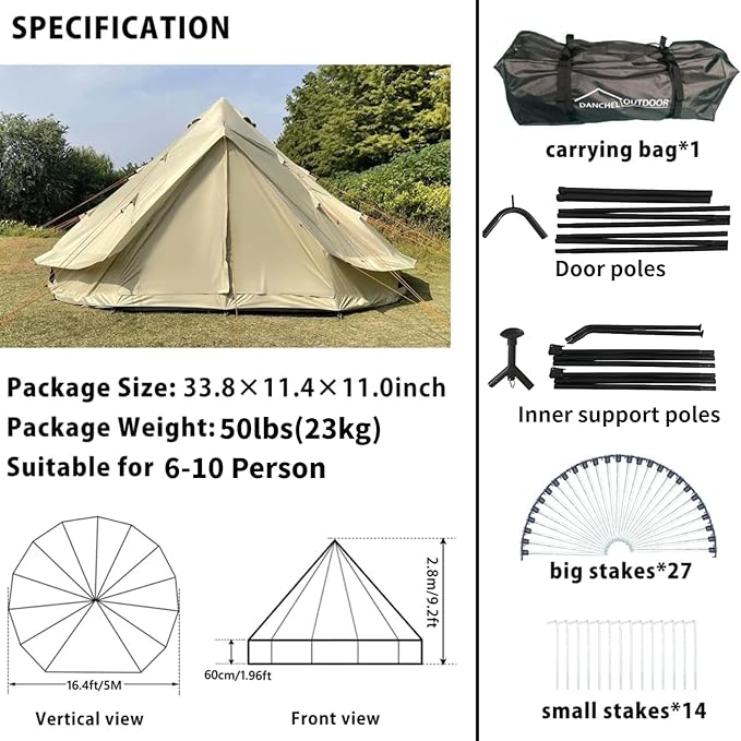 DANCHEL OUTDOOR B2A Waterproof Roomy Interior Yurt Tent, No Center Pole Bell Tent 4/8 Person Family Camping Glamping, 4 Season Hot Tents with Stove Jack 300D Oxford Nylon, 13ft/16.4ft Khaki