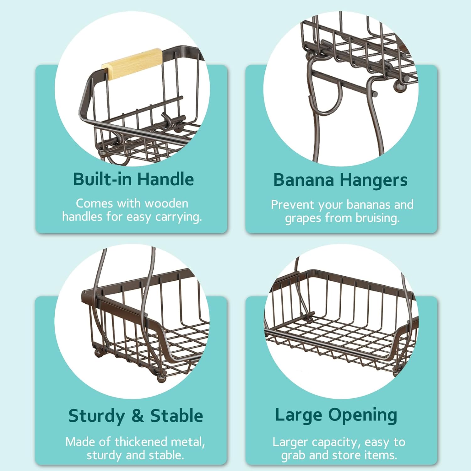 2 Tier Fruit Basket with 2 Banana Hangers, Detachable Countertop Fruit Bowls for Kitchen Counter, Metal Wire Fruit Vegetable Storage Holder Stand with Wooden Handles for Bread, Snacks, Veggies