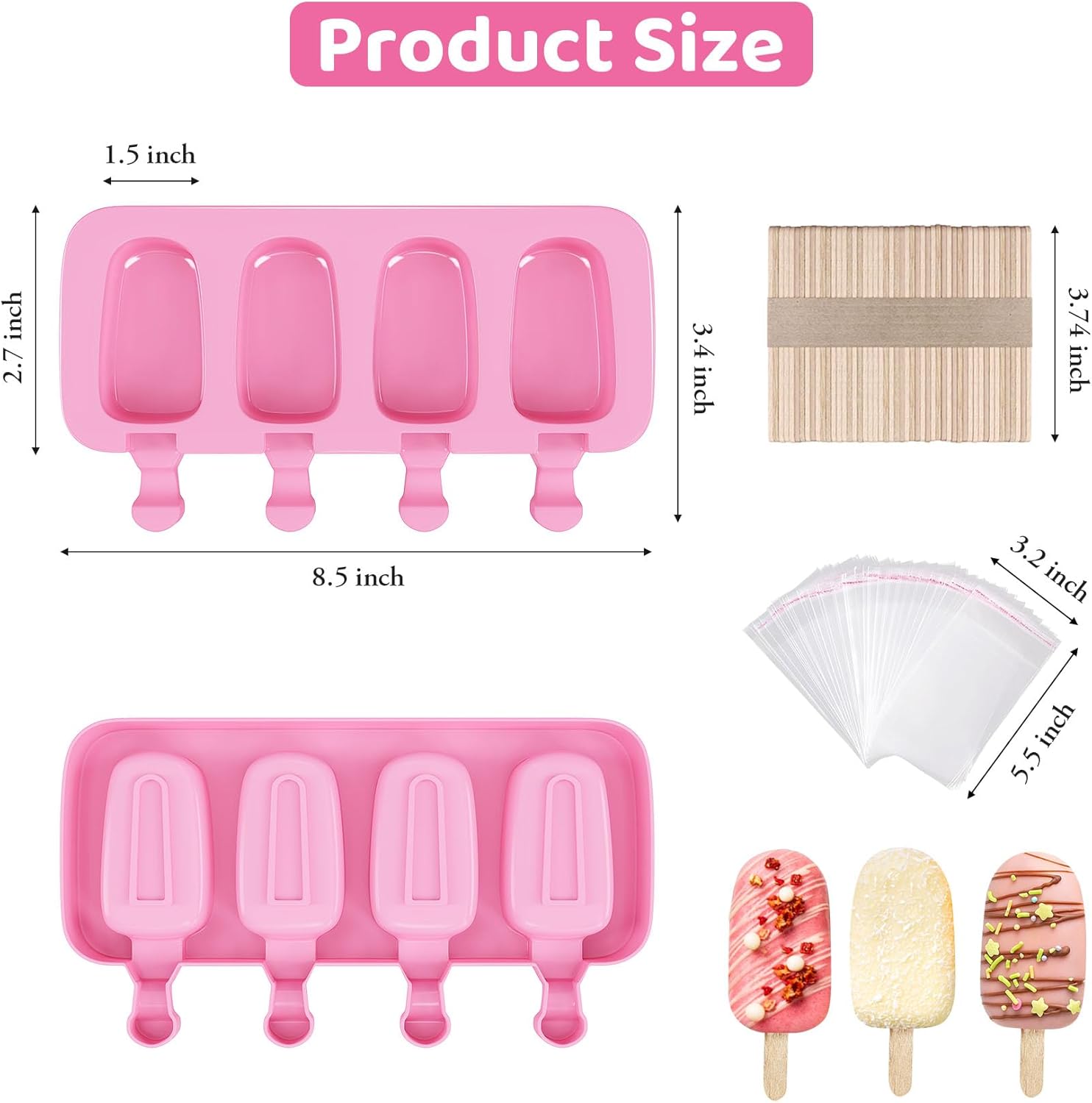 Ouddy Life Popsicle Molds Set of 2, Ice Pop Molds Silicone 4 Cavities Ice Cream Mold Oval Cake Pop Mold with 50 Wooden Sticks for DIY Popsicle (Pink)