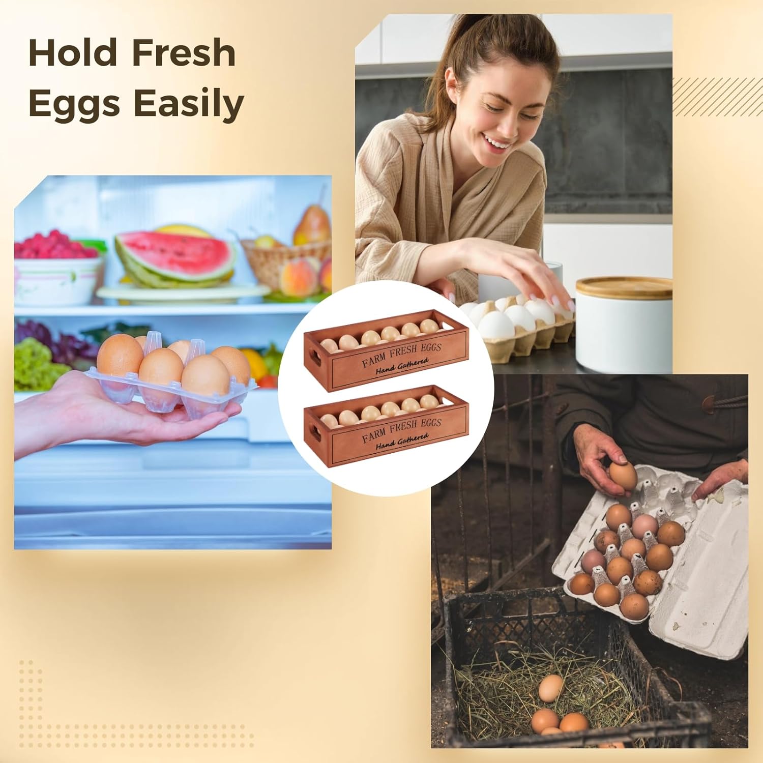 2 PCS Wooden Egg Holders, Farm Fresh Egg Baskets, Open Design with Handle, Holds 12 Eggs per Compartment, Ideal for Kitchen Countertop, Simple and Quality Storage Solution
