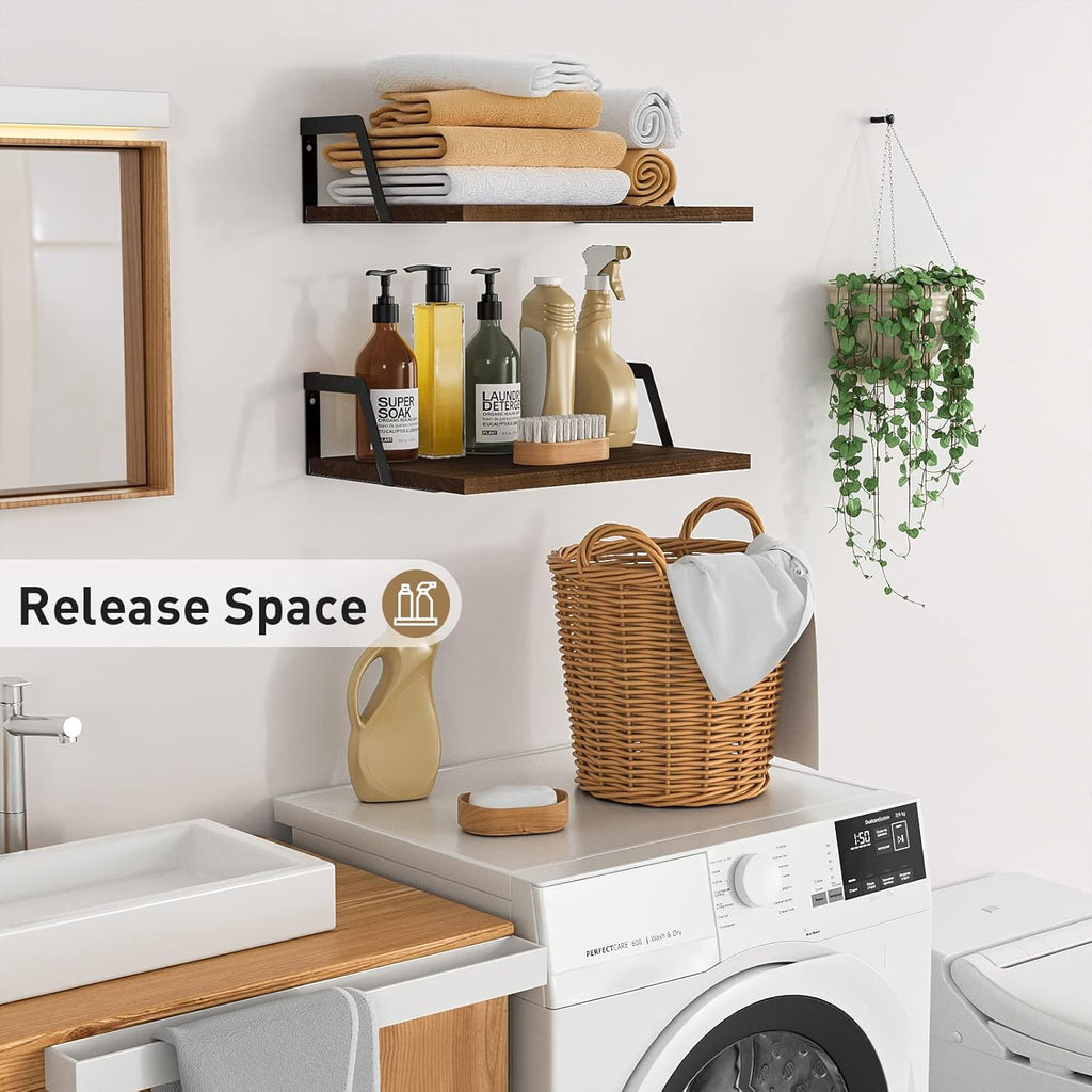 SRIWATANA Floating Shelves Wall Mounted Set of 2 Rustic Wood Shelves with Large Capacity(Dark Walnut)