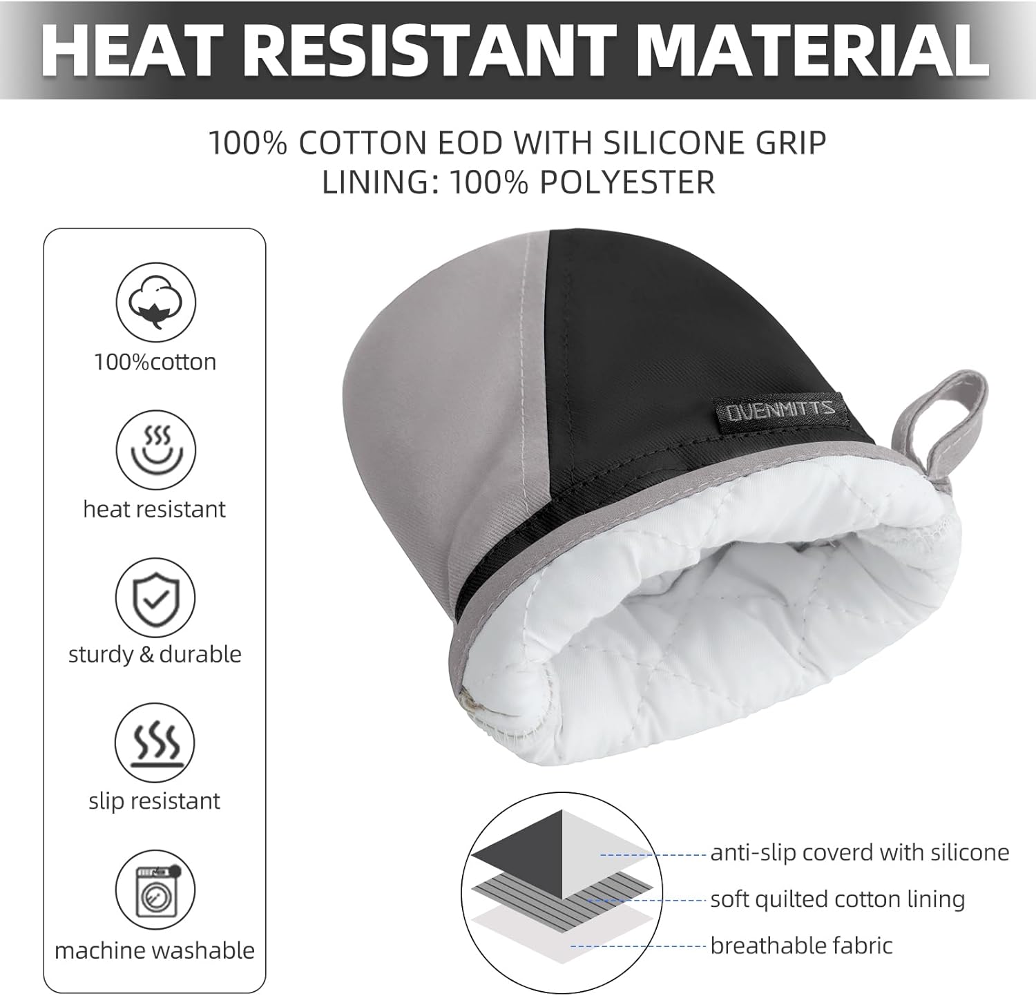 Mini Oven Mitts, Kitchen Oven Gloves Kitchen Mittens 500 Degrees Heat Resistant Baking Gloves, Non-Slip Silicone Surface with Hanging Loops Hot Gloves for Cooking, Baking, BBQ 1 Pair-Black