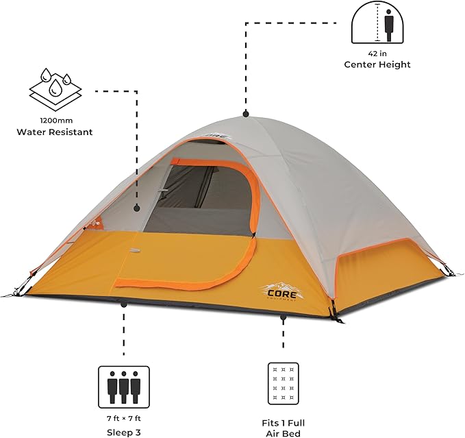 CORE Tent for Family Camping, Hiking and Backpacking | 3 Person / 4 Person / 6 Person / 9 Person Person Dome Camp Tents with Included Tent Gear Loft for Outdoor Accessories