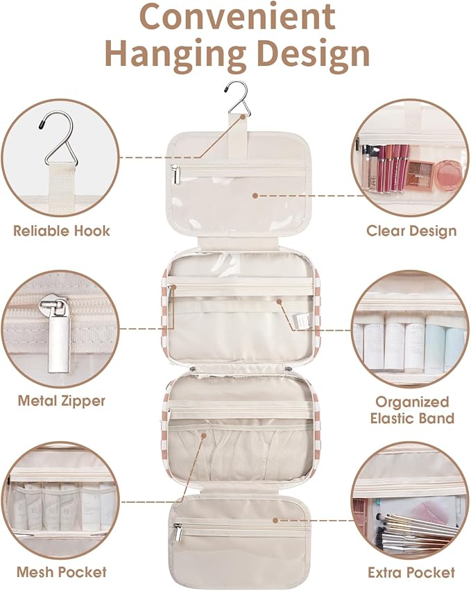 Travel Toiletry Bag for Women Large Hanging Makeup Bag Organizer Toiletries Bag for Full Size Essentials Accessories Cosmetics (Light Checkerboard (Large))