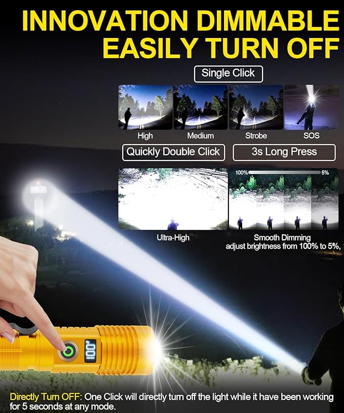Rechargeable Flashlight High Lumens-12000LM Super Bright Magnetic Flash Light with Power Digital Display,3280Ft Long Range,Dimmable,Waterproof,Pocket Tactical LED Flashlights for Emergency,Gold 1PC
