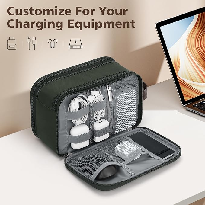 Wedama Toiletry Bag for Men, Medium Hanging Travel Toiletry Bag, Extra Electronic Organizer Bag Waterproof Shaving Bag for Toiletry with PU Handle for Travel Business Trips Swim Camping, Green+ Brown