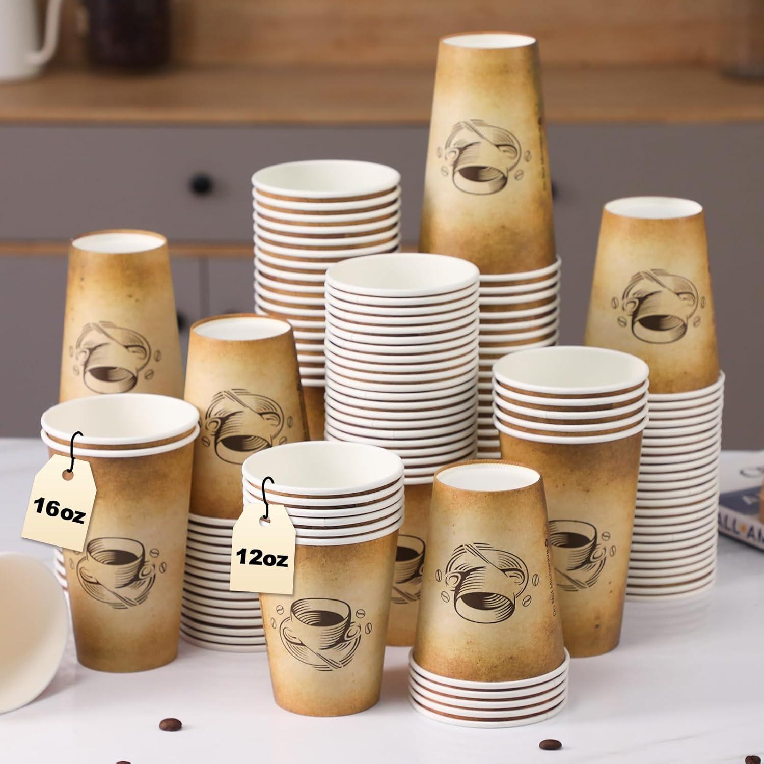 180 Pack 16 oz Disposable Paper Coffee Cups, Hot/Cold Drinking Cups, coffee, Juice, Retro Design, Leak-Proof, Party, Picnic, Events, Travel, Offices, Shops