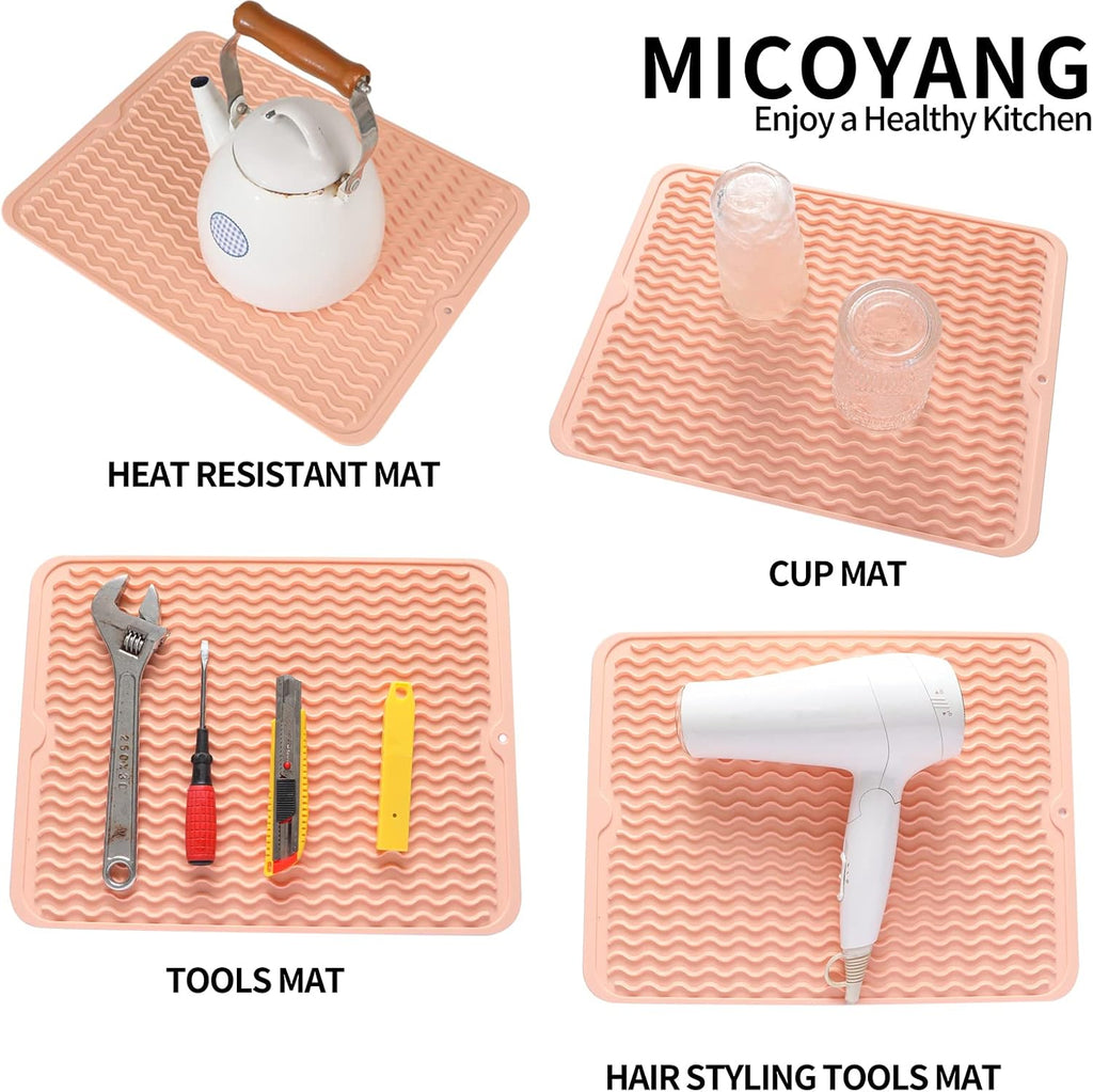 Silicone Dish Drying Mat for Multiple Usage,Easy clean,Eco-friendly,Heat-resistant Silicone Mat for Kitchen Counter or Sink,Refrigerator or drawer liner Pink L 16 inches x 12 inches