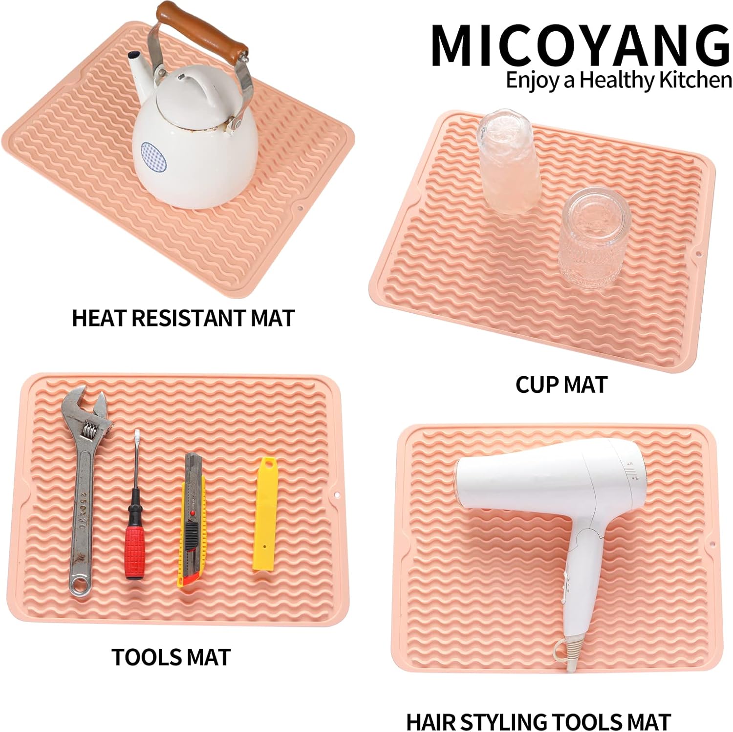 Silicone Dish Drying Mat for Multiple Usage,Easy clean,Eco-friendly,Heat-resistant Silicone Mat for Kitchen Counter or Sink,Refrigerator or drawer liner Pink L 16 inches x 12 inches