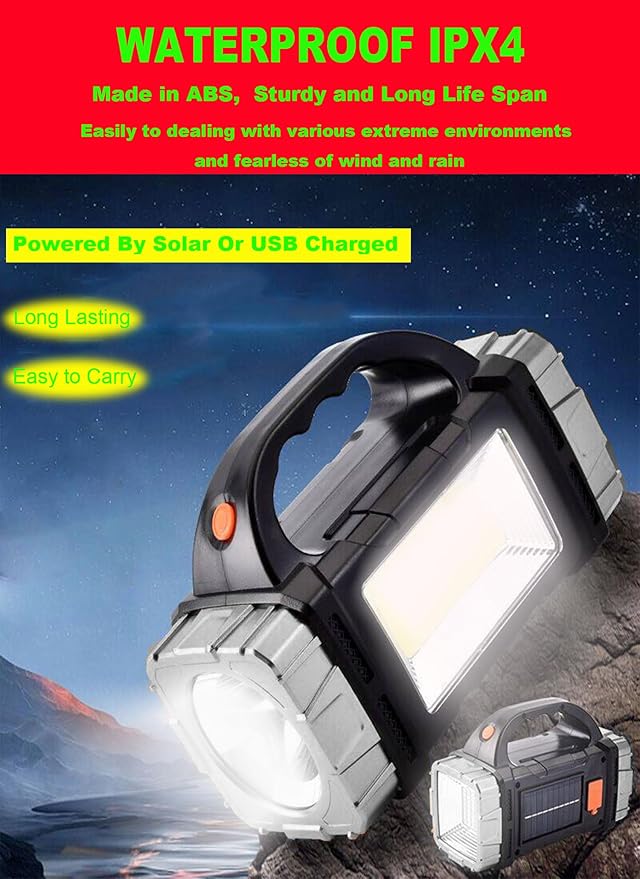 Solar Rechargeable LED Spotlight Searchlights, Super Bright 7000LM Handheld LED Searchlight, Multi-functional Portable Lamp Camping Lantern Flashlight, 8 Light Modes, Power Bank, IPX4 Waterproof