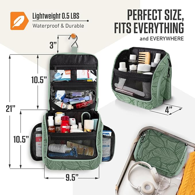 VENTURE 4TH Hanging Travel Toiletry Bag for Women & Men - Travel Organizer with Expandable Compartments & Removable Clear Pouch for Toiletries (Green Leaves)