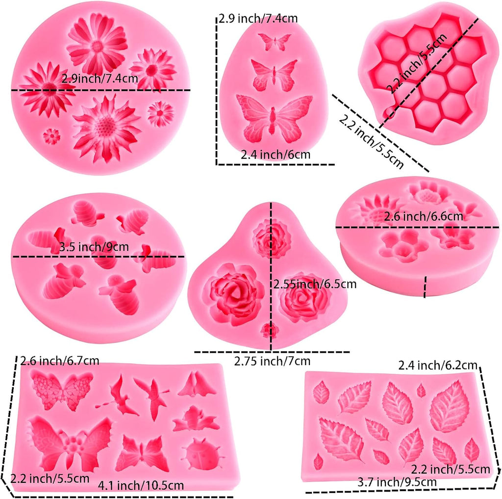 Silicone Mold Flower 8pcs Chocolate Fondant Polymer Clay Candy Gummy Mold,Rose Leaf Butterfly Bee Honey Shaped Silicone Molds for DIY Cake Cupcake Decor Craft