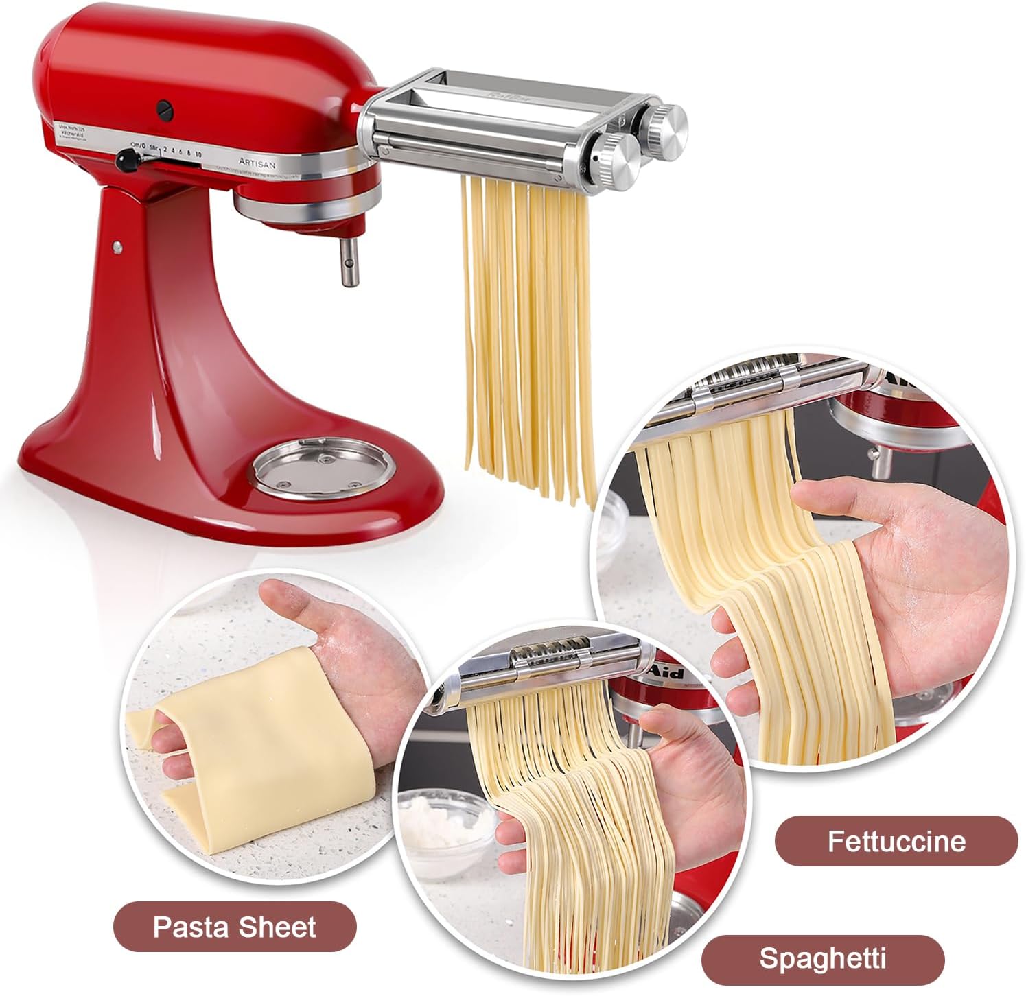Pasta Maker for Kitchenaid Attachments, 3 in 1 Stainless Steel Pasta Attachment for Kitchenaid Stand Mixer, Included Pasta Roller, Spaghetti&Fettuccine Cutter, 1 Metal Knob Screw Replacement