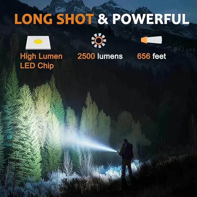 LED Flashlight, Bright 2500 Lumens Tactical Flashlight, 5 Modes Zoomable Beam, Waterproof & Durable for Camping, Outdoor, Home Emergency （2 Pack）