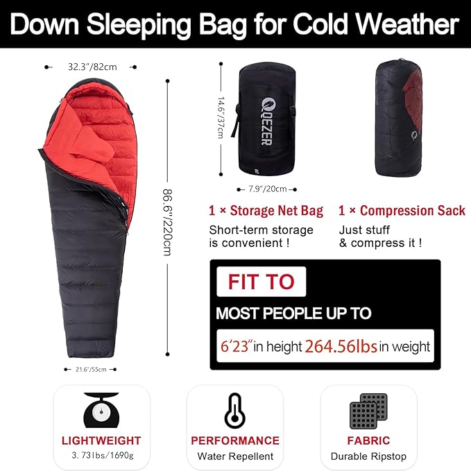 Ultralight Down Sleeping Bag for Adults with 600 Fill Power, Compact Sleeping Bag with Compression Sack for Backpacking, Hiking and Camping