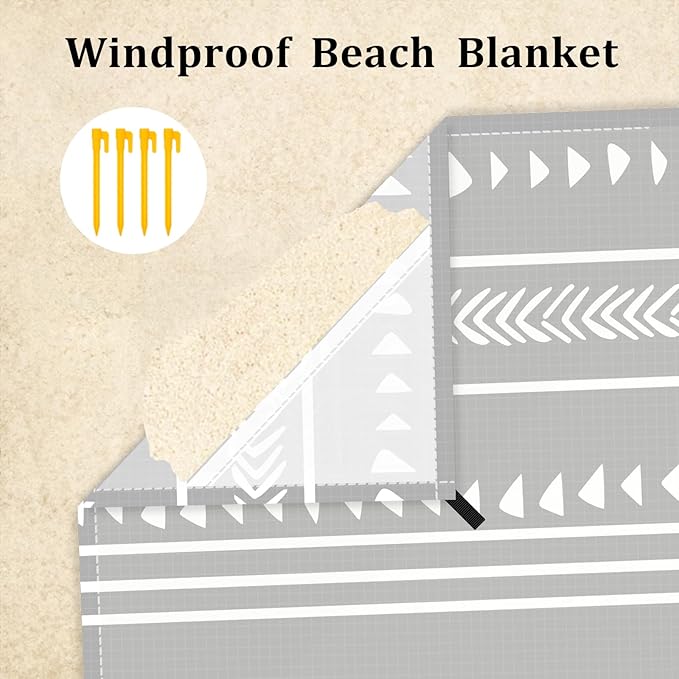 110''×118'' Extra Large Beach Blanket for 8 Adults, Outdoor Beach Mat Sand Free Waterproof with 4 Stakes & 4 Corner Pockets, Polyester Lightweight Foldable Grey Picnic Mat for Travel, Camping, Hiking