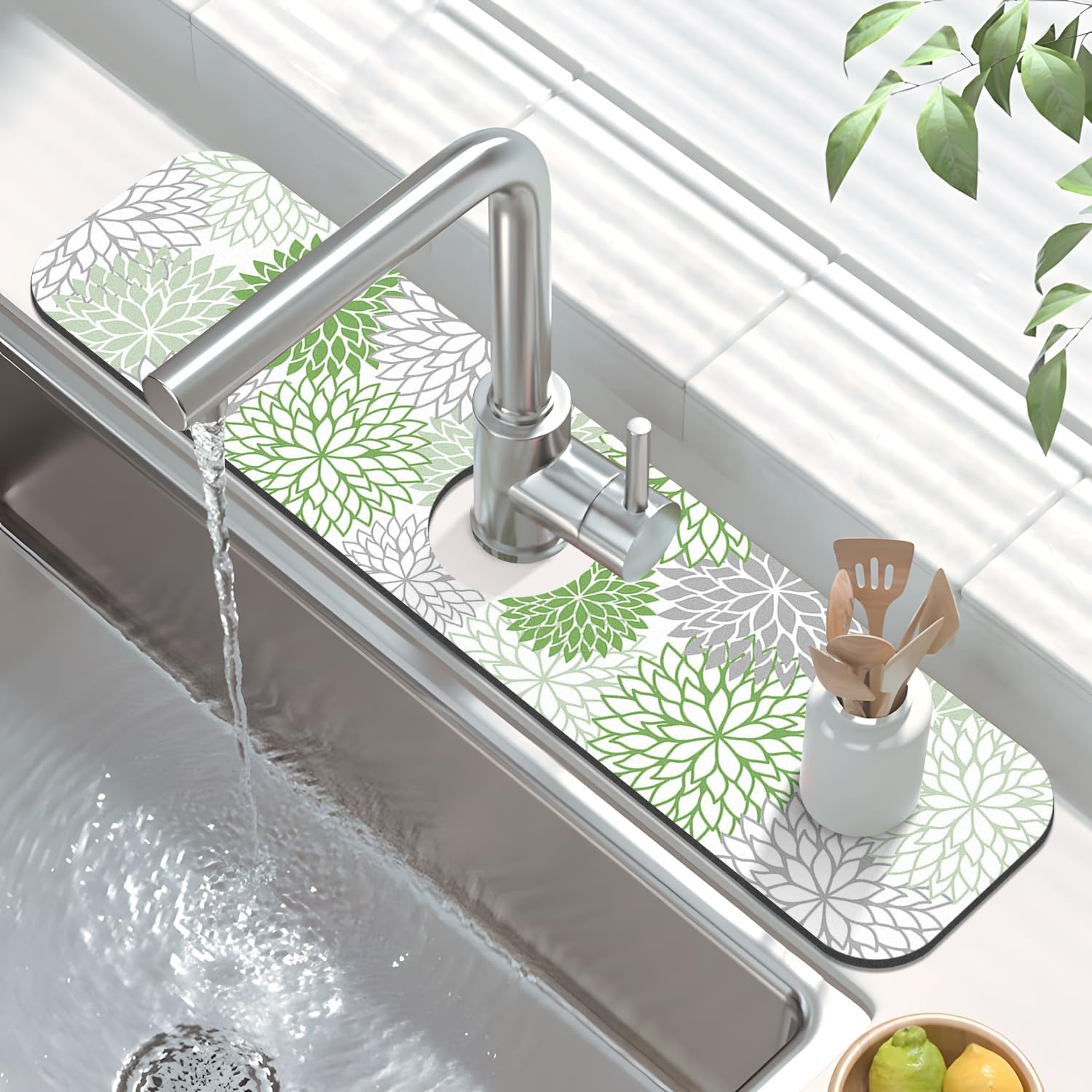 Findosom 2PCS 12" x 20" Dish Drying Mat & 24" x 5.5" Sink Splash Guard, Super Absorbent & Cuttable Dish Mat Drying Kitchen Mat with Green Floral, Hide Stain Drying Mat for Kitchen Counter