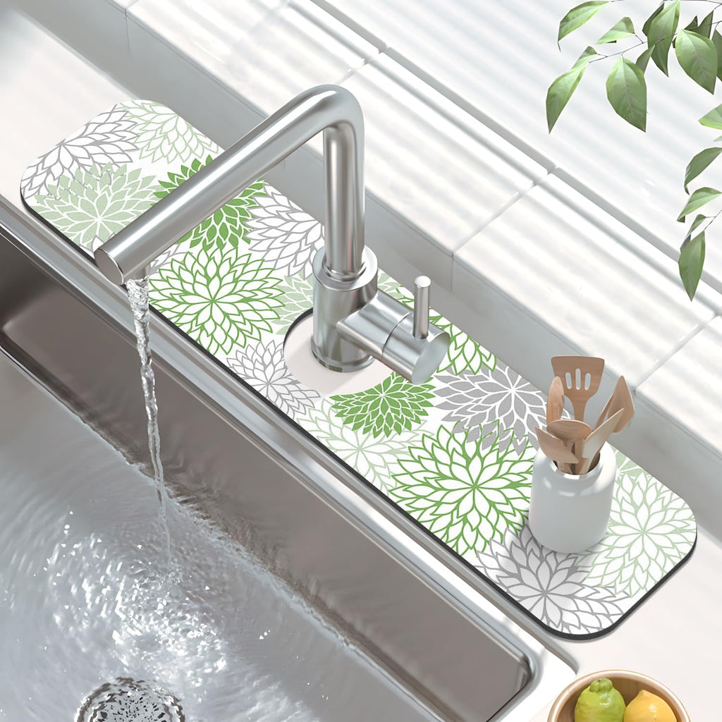 Findosom 2PCS 17" x 32" Dish Drying Mat & 24" x 5.5" Sink Splash Guard, Super Absorbent & Cuttable Dish Mat Drying Kitchen Mat with Green Floral, Hide Stain Drying Mat for Kitchen Counter