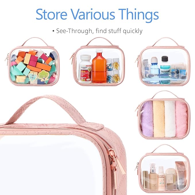 PACKISM TSA Approved Toiletry Bag, 3 Pack Clear Makeup Bags with Handle Large Opening, Clear Toiletry Bags Fit Carry-on Travel Essentials, Quart-sized Travel Bags for Toiletries, Rose Pink