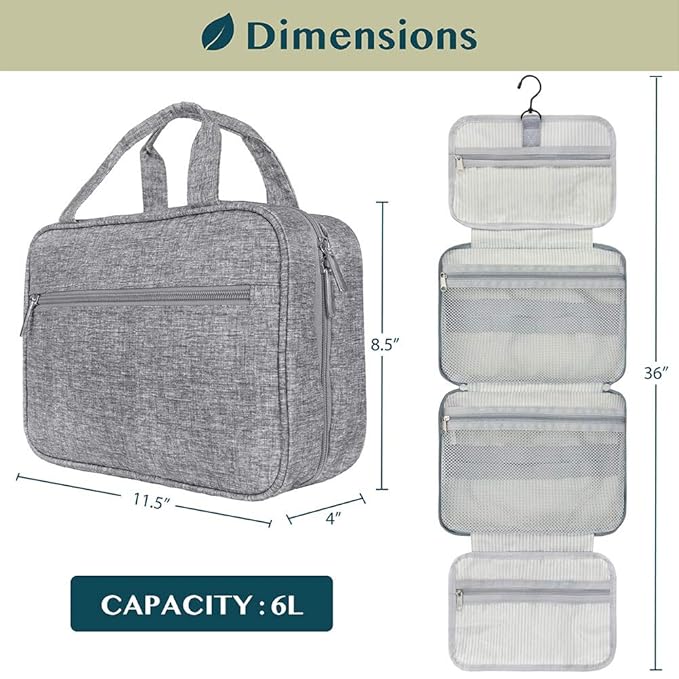 PAVILIA Hanging Toiletry Bag Travel Bag Women Men, Foldable Cosmetic Organizer, Roll up Makeup Bag, Water Resistant Accessories Toiletries, Large Travel Essentials Kit (Heather Grey)