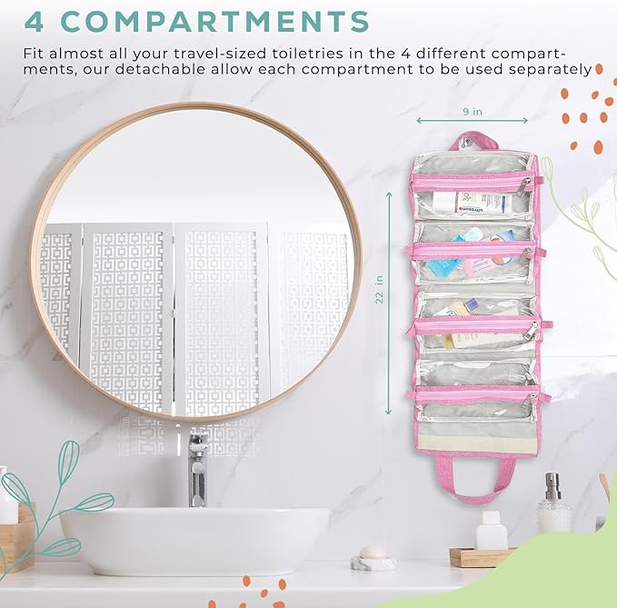 4-in-1 Hanging Toiletry bag - Roll-Up Makeup Bag - 4 Detachable PVC Zip Pouches – 600D Oxford Fabric, Versatile Travel Toiletry Organizer Bag - Makeup, Cosmetics, First Aid, Medicine Personal Care,
