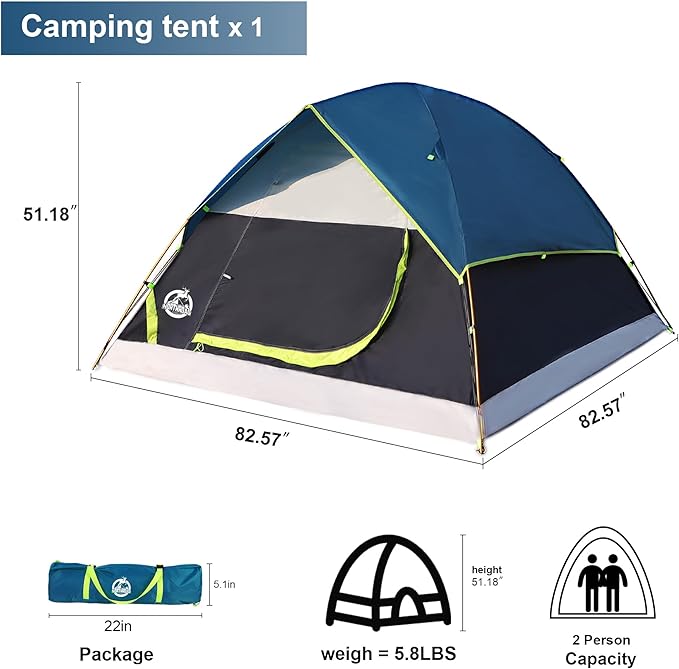 9-Piece Camping Tent Kit - 1 Dome Tent (2 or 3 Person), 2 Sleeping Bags, 2 Air Mattresses, 2 Single Camping Hammocks, 2 Blankets