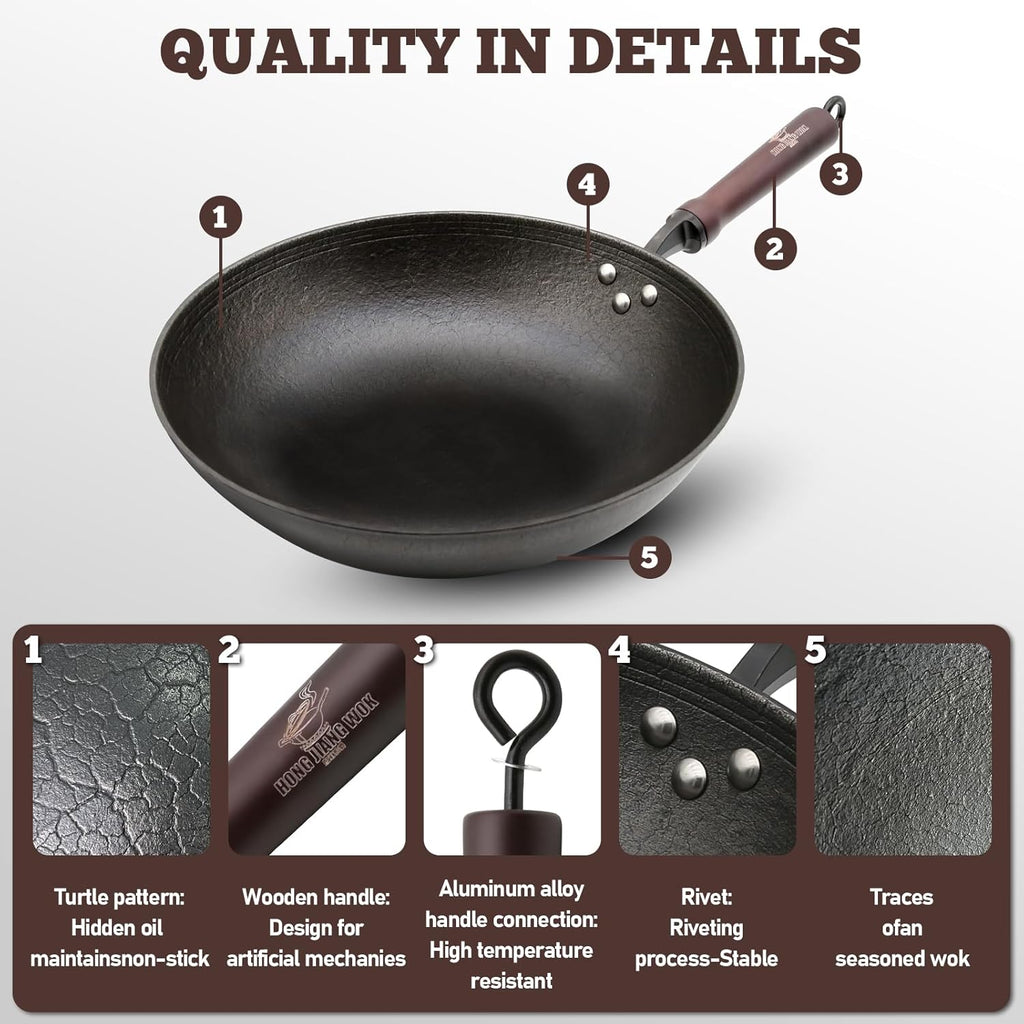 HONGJIANG Cast Iron Wok Pan, 11.8" Pre-Seasoned Flat Bottom Wok,Coating-Free Wok Stir Fry Pan With Glass Lid,Compatible Traditional Chinese Wok For Induction, Electric, Gas,Open Fire