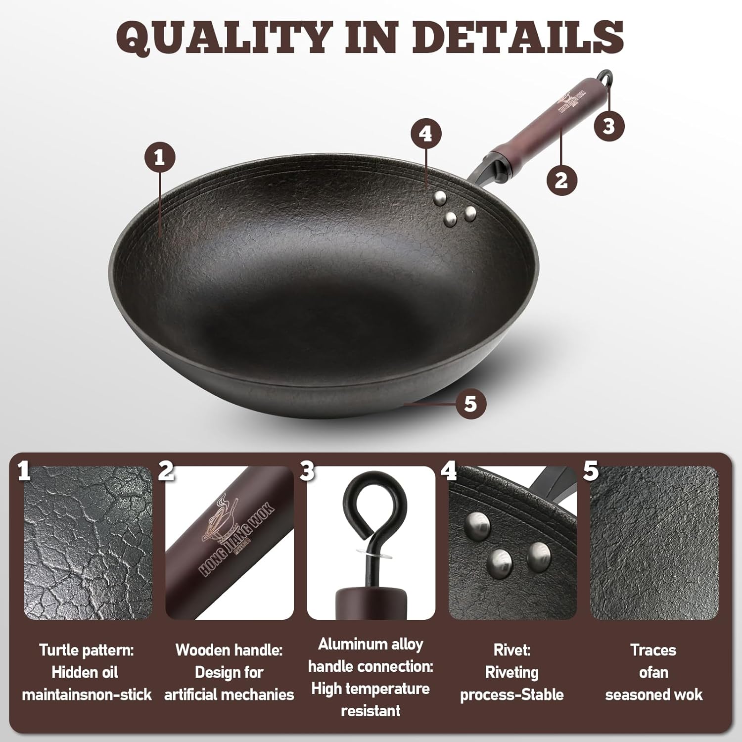 HONGJIANG Cast Iron Wok Pan, 11.8" Pre-Seasoned Flat Bottom Wok,Coating-Free Wok Stir Fry Pan With Glass Lid,Compatible Traditional Chinese Wok For Induction, Electric, Gas,Open Fire