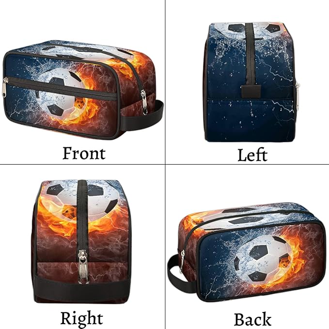 Fire Soccer Ball Portable Travel Toiletry Bag, Ice Fire Football Dopp Kit Cosmetic Organizer Makeup Bag Shower Shaving Bag for Men Women