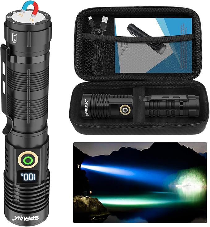Rechargeable Flashlight High Lumens-12000LM Super Bright Magnetic Flash Light with Power Digital Display,3280Ft Long Range,Dimmable,Waterproof,Pocket Handheld Tactical LED Flashlights for Emergency
