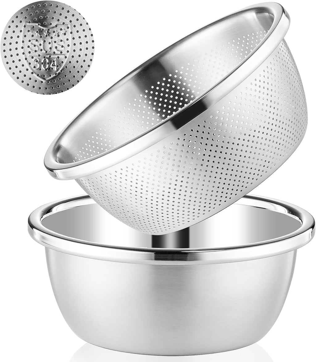 304 Stainless Steel Colander 5QT Microporous Colander & Large Bowl for Kitchen,Rice Strainer with Salad Mixing Bowl for Pasta Straining,Fruit Washing,Vegetable Draining,Food Mixing(2PCs)