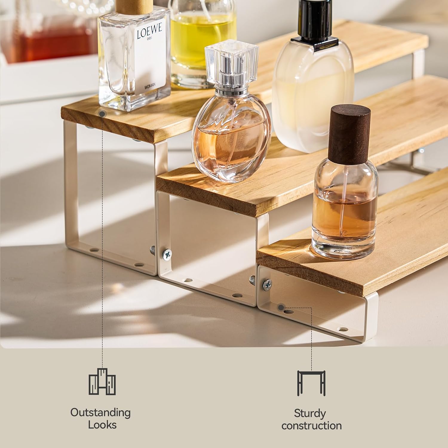 Spice Rack,Wooden Display Riser Stand, 3-Tier Perfume Stand and Cologne Organizer Stand, DIY Spice Rack Organizer, Display Shelf Metal Frame